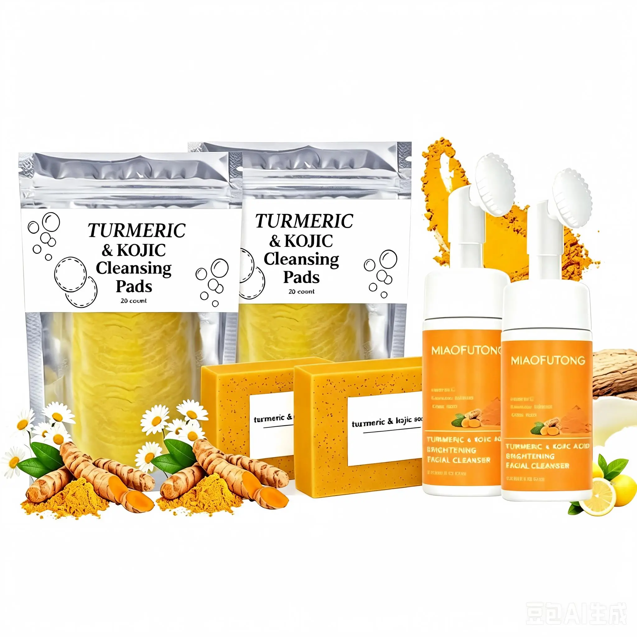 6-Piece Turmeric Skincare Set (includes 2 turmeric soaps, 2 cleansing mousses, and 2 cleansing cloths). This high-value bundle offers nourishing deep cleansing suitable for all skin types, delivering a fresh, clean experience as part of your daily routine