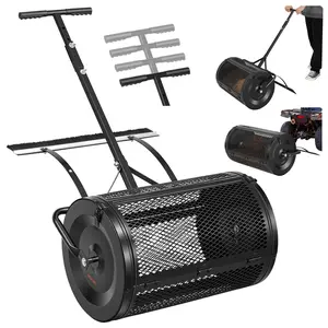 VEVOR Compost Spreader, 24" Wide Peat Moss Spreader with Push/Tow Handle & Brush, 4 Heights Adjustable, Powder-Coated Steel Garden Peat Moss Roller, Heavy Duty Grass Seed Roller for Planting Seeding