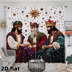 2D Flat 2Pcs Royal Christmas Curtains with Golden Stars, Medieval Themed Window Panels, Pole Pocket Design, Semi Sunshade Polyester Fabric, Perfect for Living Room Bedroom Home Holiday Decor, Anti Privacy Treatment