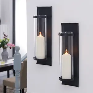 Metal Pillar Candle Sconces with Glass Inserts A Wrought Iron Rectangle Wall Accent (Set of 2)