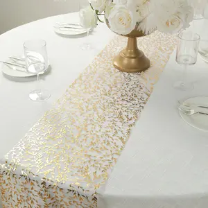 5 Pack Organza Mesh Table Runner Rolls 11"x108" White with Gold Foil Leaf Vines - Stylish Decor for Wedding & Events