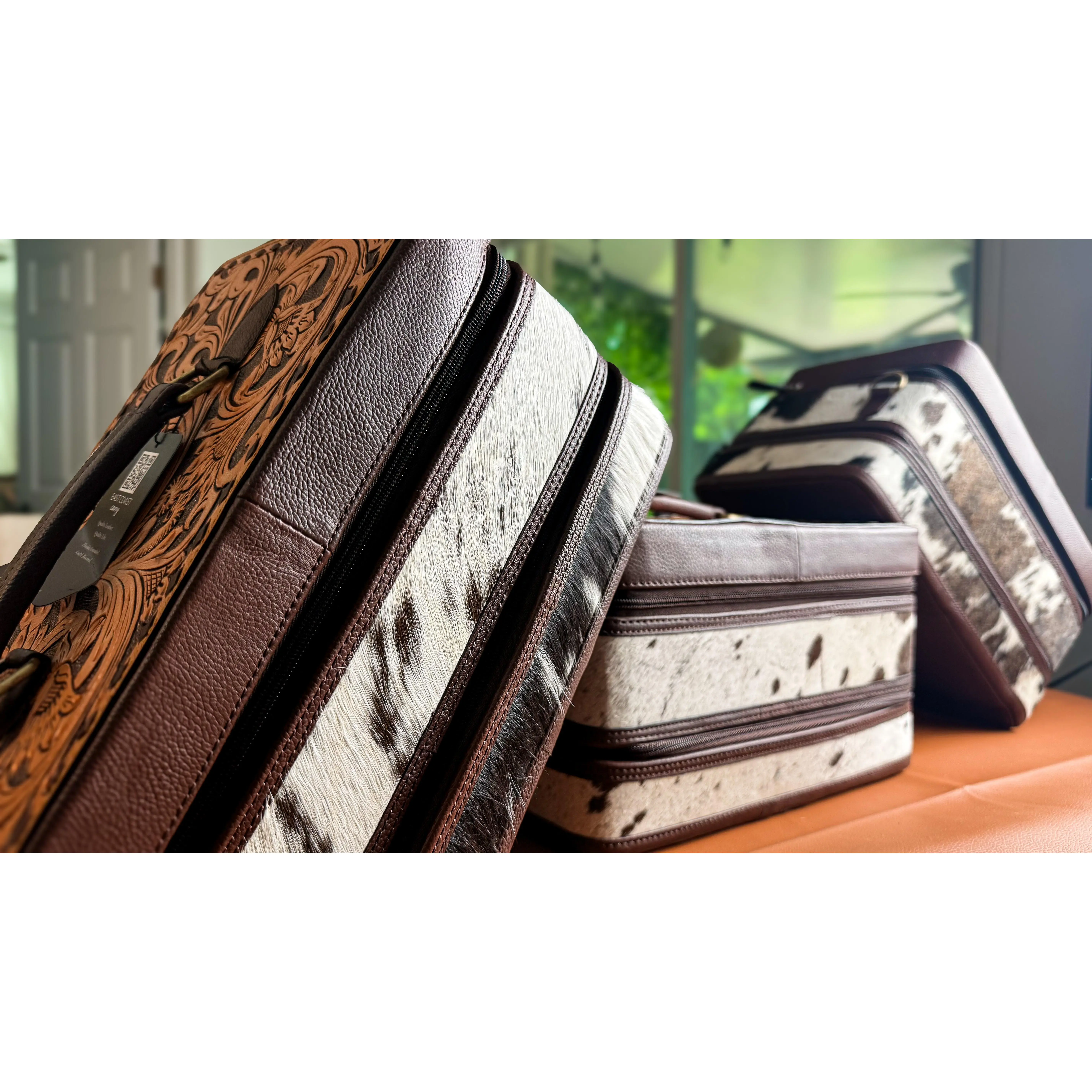 The Double Decker in Chocolate Brown | Large Dark Brown and White Cowhide and Tooled Leather Jewelry Case