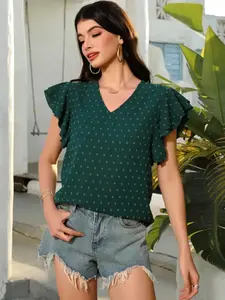Summer New Casual Elegant Solid Color Round Neck Butterfly Sleeve Women's Blouse, Slim-Fitting Ladies Shirt, Fashionable, Chic and Comfortable, Top