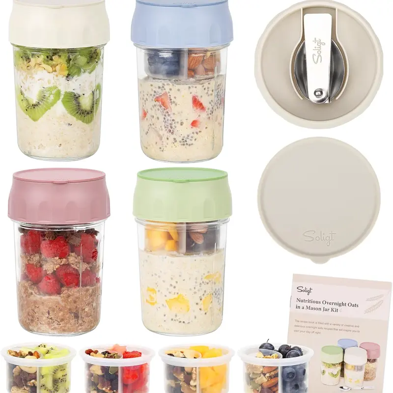 Soligt Overnight Oats Containers with Lids, Folding Spoons, and Divided Compartments for Fruit & Nuts, Small Glass 16oz Mason Jars for Oatmeal Yogurt Parfait Kitchen Utensils 2026 Canister Storage Portable Reusable Airtight Tin