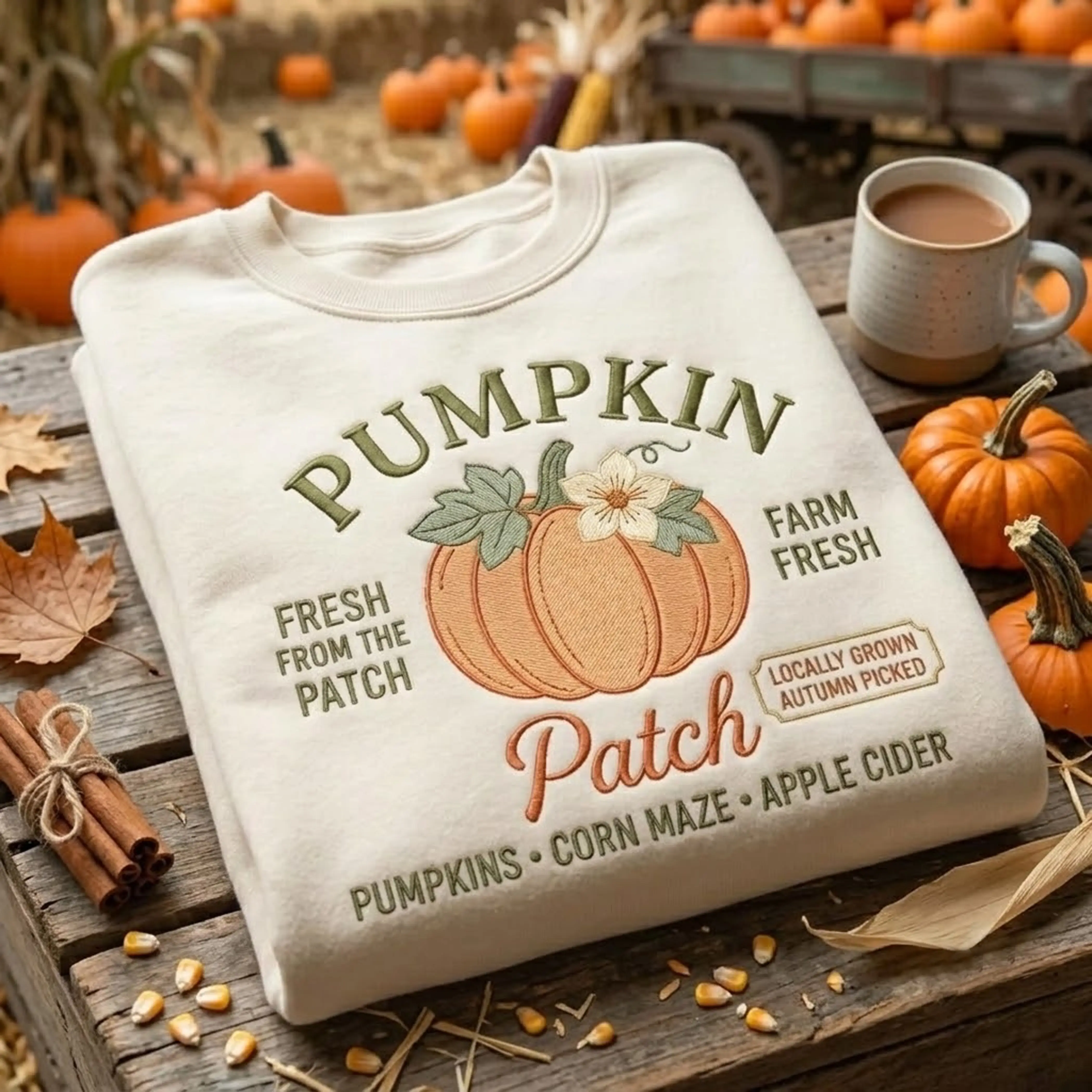 Vintage Pumpkin Patch Sweatshirt – Embroidered Farm Fresh Autumn Crewneck, Trendy Fall Gift