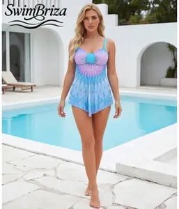 Briza｜Women's Flared Tankini Set Blue Purple Mermaid Print Two Piece Bathing Suit Cute Swimsuits for Women Vacation Swimwear Summer Beach Pool Outfits Swim Suit, Women's Swimwear, Bathing Suit for Women, Tankini Swimsuit Set, Resort Cruise Beachwear