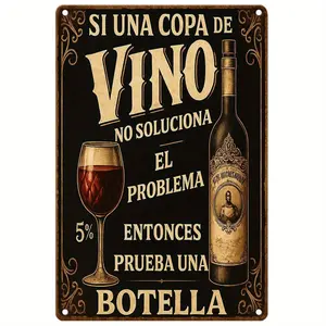 "2D Flat, 1pc,Vintage Metal Wall Sign Wall Decor ，Rustic Wine Bottle & Glass Design with Spanish Quote ""Si Una Copa De Vino"" Perfect for Home, Bar, Restaurant, and Outdoor Decor，Aluminum Wall Art Mounted"