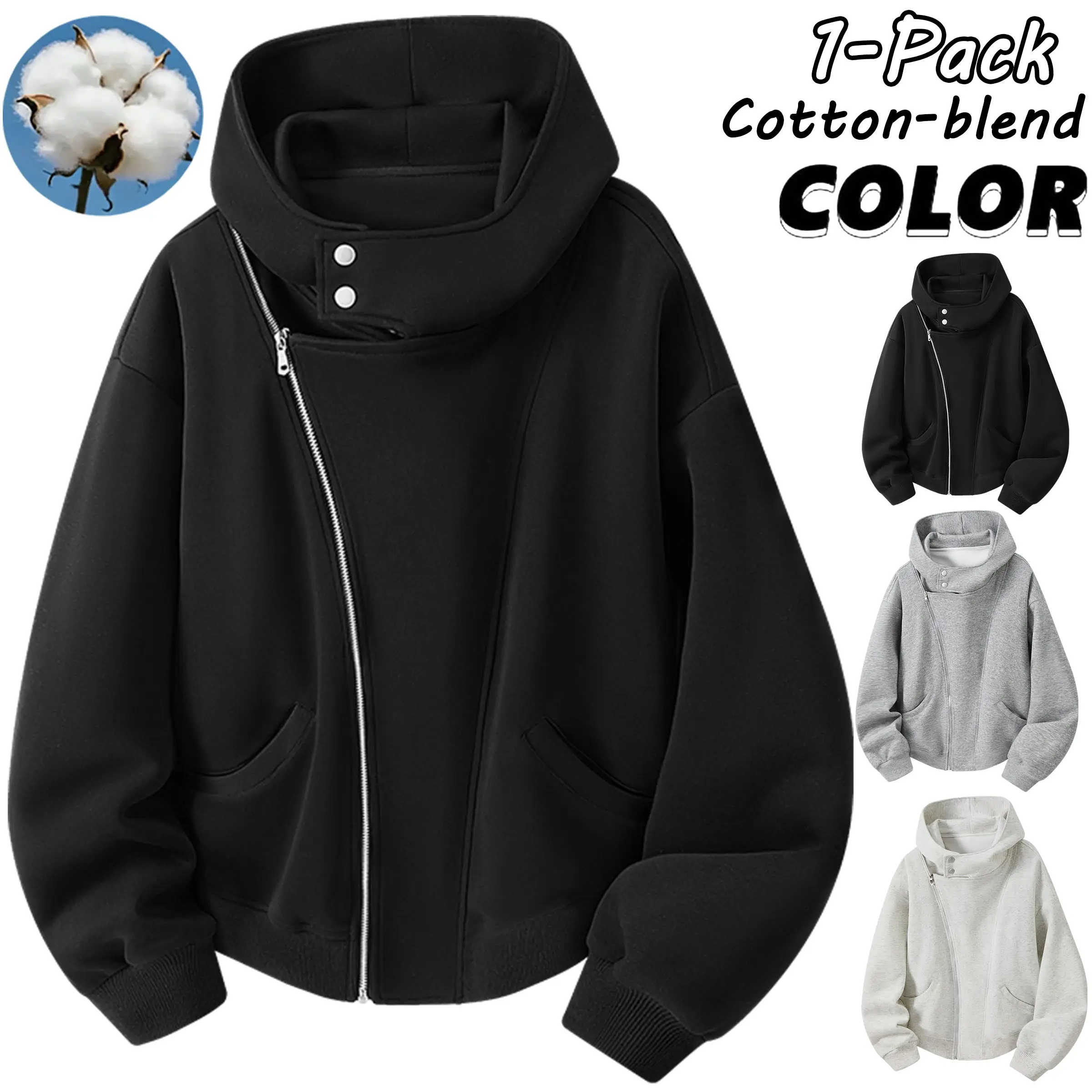 Men’s Minimalist Loose Casual Hooded Cotton-Blend Sweatshirt Jacket - Menswear Tops with Asymmetrical Slant Zipper, Side Pockets, Versatile Design for Everyday Wear, Street Outings (Spring/Autumn)