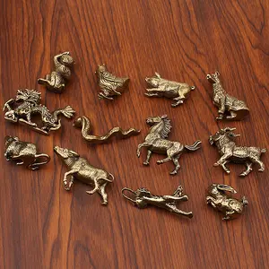 Brass tone metal Figurine Set - Complete Set of Pure Copper Zodiac Animals: Rat, Cow, Tiger, Rabbit, Dragon, Snake, Horse, Sheep, Monkey, Chicken, Dog, Pig - Craft Items