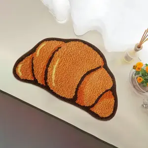 Creative Croissant Flocking Rug, Fluffy Rug, Machine Washable Rug, Shaggy Fuzzy Rugs, Realistic Food Shaped Mat, Trendy Kitchen Bedroom Bedside Blanket, Non-Slip Cute Home Decor Floor Pad