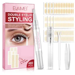 Elaimei Double Eyelid Strip Kit Styling,480Pcs Double Eyelid Strip, Instant Lift Eyelids, Waterproof Invisible Eyelid Sticks, Big Eye Tools, Fork Rods & Tweezers