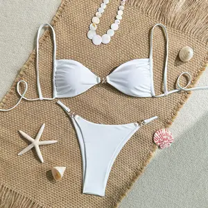 White Ruched Bikini bottomland Set with Gold Hardware – Trendy Two Piece Swimsuit for Women, Perfect for Beach, Pool, and Summer Vacation, High Cut Cheeky Bottoms with Adjustable Straps, Bathing Suit for 2025 Swimwear Fashion