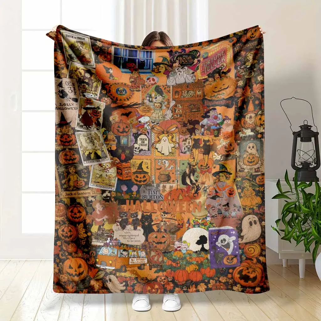 Vintage Halloween Flannel Blanket Pumpkin Ghost Witch Black Cat Collage Print Soft Warm Lightweight Cozy Throw for Sofa Bed Couch Home Party Autumn Decor Dorm Gift