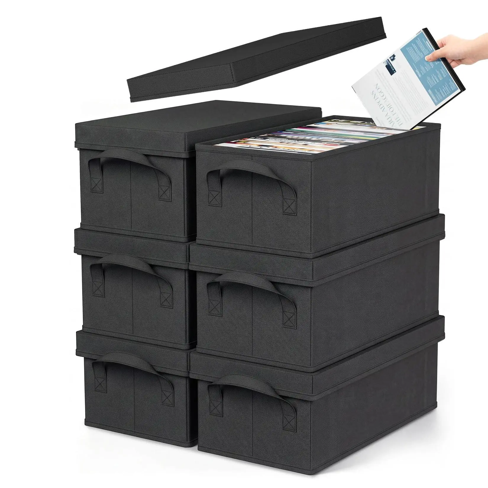 GAOMON 6-Piece Collapsible Stackable CD/DVD Storage Boxes with Lids & Handles - Non-Woven Media Organizer for Blu-ray, Games - Dustproof, Space-Saving Black Indoor Furniture (33.5x15x13.5cm)
