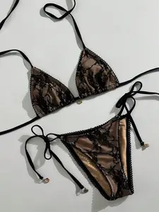 Women's Navy Blue Lace Trim Triangle Bikini Set Simple Strap Tie Up Halter Bikini for Summer Beach Vacation High Waist Sleeveless Mouldless Bra 2pcs