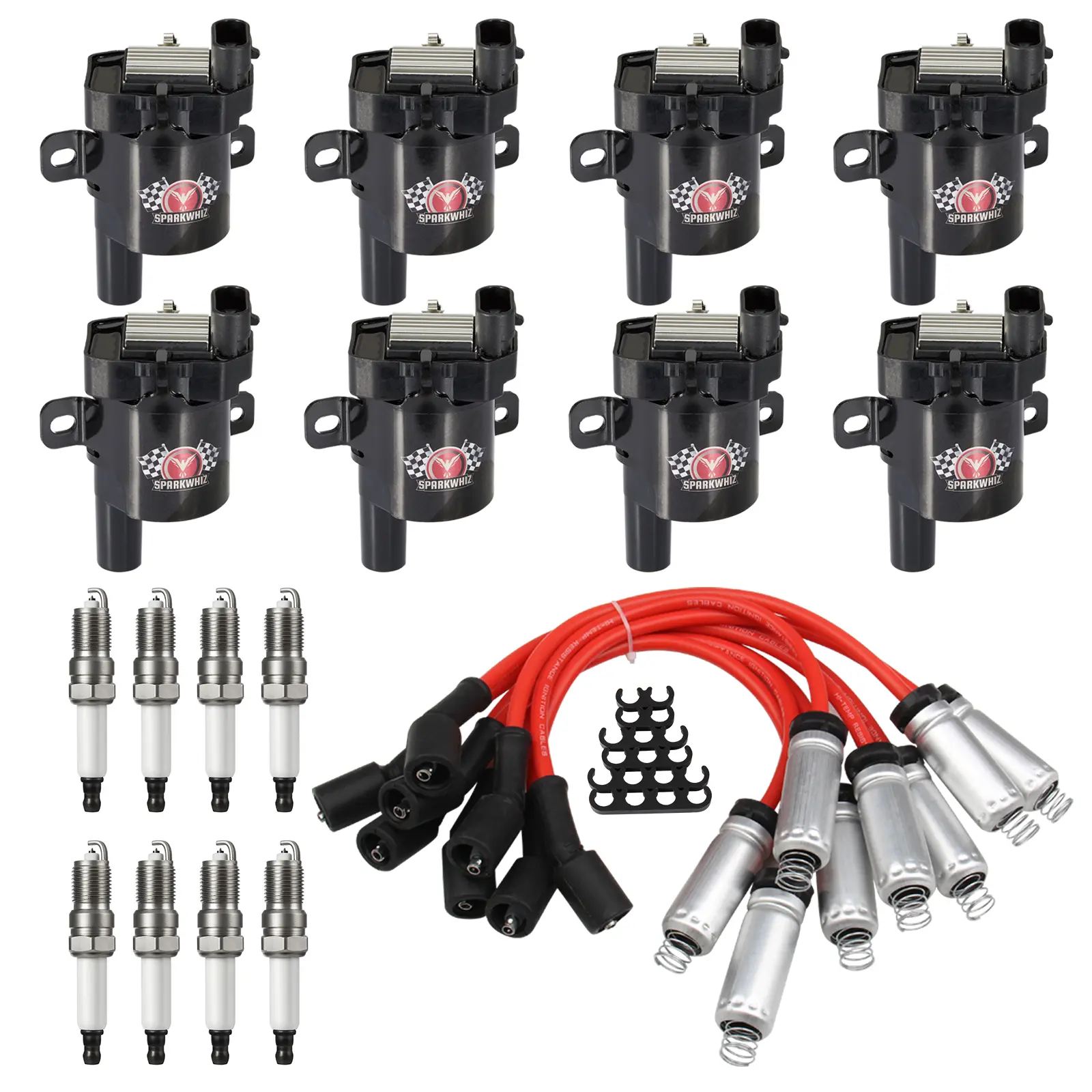 Round Type Ignition Coils with Spark Plugs and Wires (D585, UF262) - Auto Replacement Fuel System Parts, Compatible with Chevy Silverado 1500/2500/3500, Tahoe, Suburban, Express & GMC Sierra, Savana, Yukon, Replaces OEM# C1512, 12622553