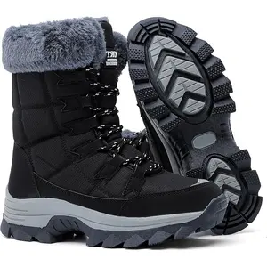 1 Pair Black Women Waterproof Winter Snow Boots Warm Faux Fur Lined Insulated Non-Slip Outdoor Lace-Up Mid Calf Booties