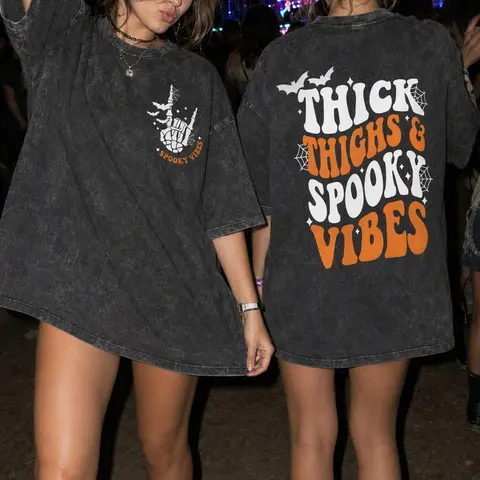 Women's Retro Soft Casual Short-Sleeve Cotton Round Neck Hoodie Top - Thick Thighs Spooky Vibes Halloween Graphics, Smooth Seamless Solid Fabric, Cricut Digital Cut File Sweatshirts Shirts