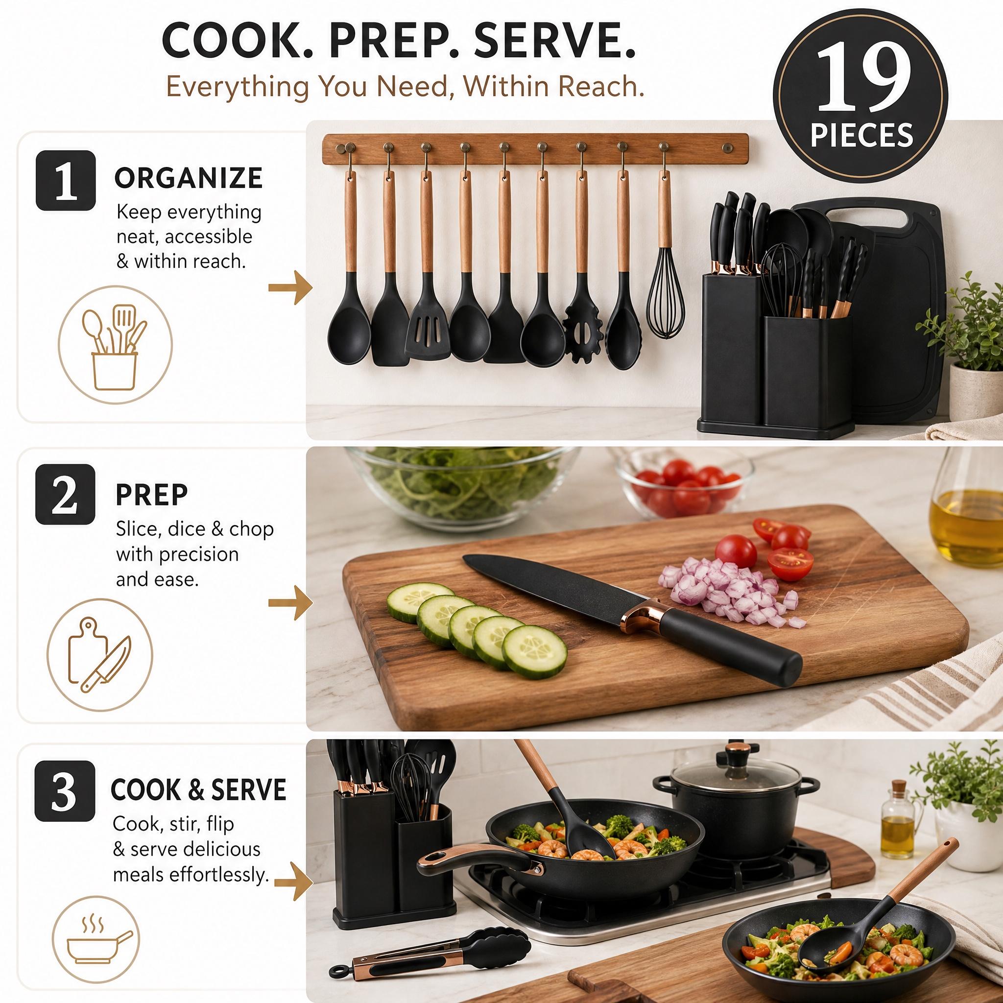 19-Piece Kitchen Supplies Set - Nonstick Silicone Cooking Utensils, 430 Food-Grade Stainless Steel Chef Knives with Wooden Handles, Professional Countertop Storage Rack for Home Kitchens