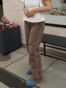 Elastic Simple Casual Leopard Print Loose Wide Leg Flared Fashion Denim Jeans for Women, Outfitting Date Fashion New Arrival, All-Season Wear