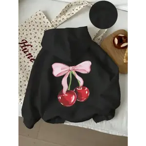 Women’s casual hoodie with cherry bow graphic print, drawstring hooded sweatshirt, all-season fabric pullover — cozy and stylish