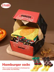 2 Pairs Colorful Cute Mid-Calf Gift Socks, Unisex Sports Casual Socks Box Set, Soft Comfortable Burger Socks, Creative Food Design