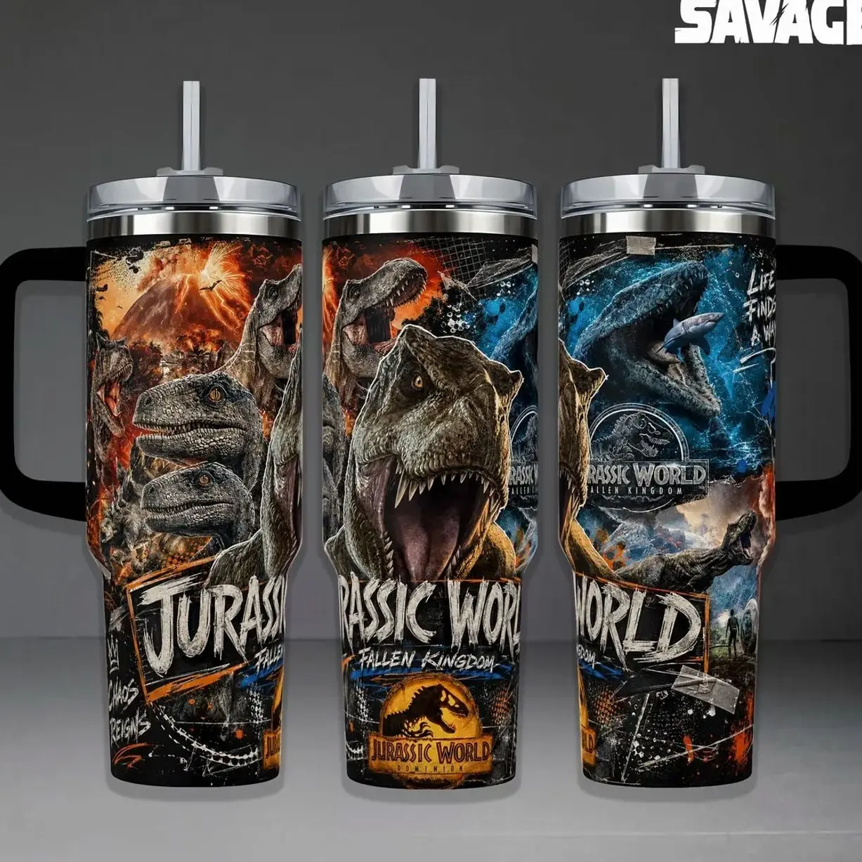 Jurassic World Fallen Kingdom & Dominion Tumbler, 40oz Insulated Travel Mug with Handle. T-Rex Blue Raptor & Mosasaurus Art Cup, Prehistoric Dinosaur Fan Merchandise, Perfect Gift for Sci-Fi and Movie Lovers