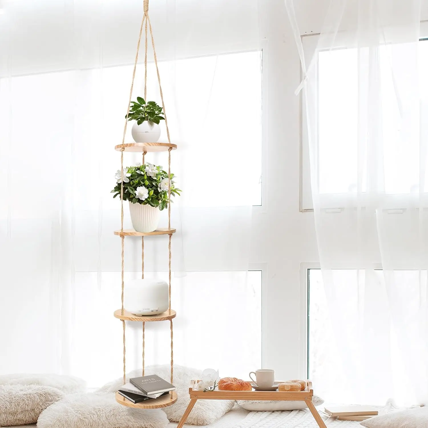 Rope Hanging  Shelf from Ceiling for Narrow Space or window Boho Hanging  Shelves,  Pine Wooden  Stand Display for Indoor, Outdoor, Corner, Balcony, Living Room and Bedroom