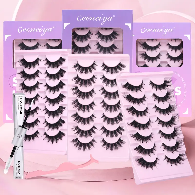 Geeneiya Lashes Kit 10-16mm False Eyelashes with Lash Bond & Seal for Eye Makeup, Queen 02 Anime Strip Falsies, Look Like Extensions