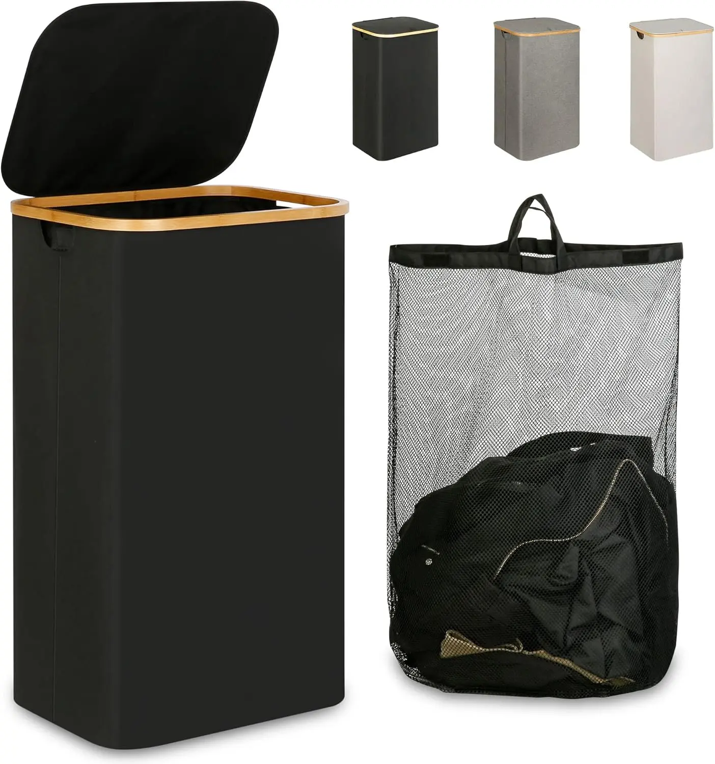 IEGrow Laundry Hamper with Lid, 110L Laundry Basket with Bag,Black | Dirty Clothes Hamper Basket with Bamboo Handle for Clothes Towels Organization