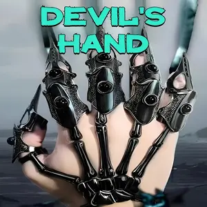 Devil's Hand Adjustable Cyberpunk Black Alloy Bone Glove Set with Claw Rings & Skeletal Structure for Gothic Halloween & Day of the Dead Party Decorations
