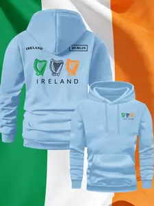 Men's Fall Winter Trendy Hoodie, Irish Flag Print, Casual Fitted Pullover, Drawstring Pocket Design, Hoodie Sweatshirt