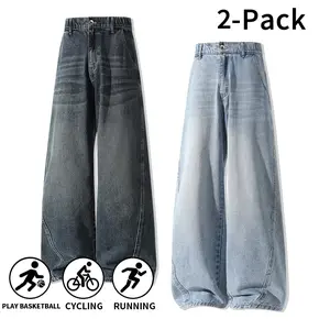 Summer vibe 2-pack men’s retro wide-leg jeans | Elastic waistband, relaxed washed casual long pants, suitable for sports and everyday wear