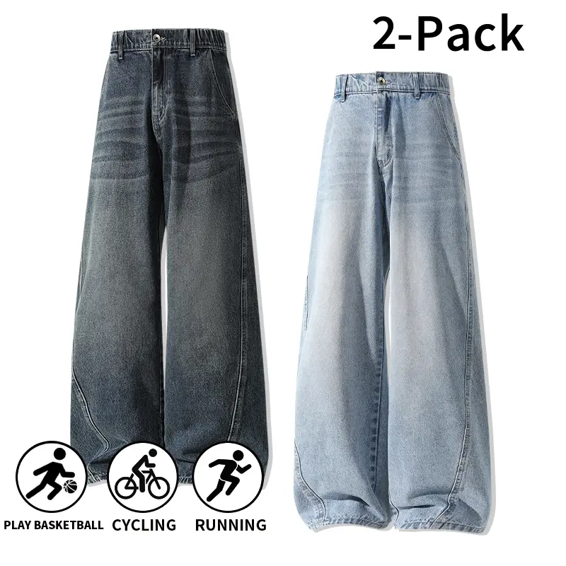 2PCS Men’s vintage wide-leg jeans | Elastic waistband, loose washed casual long pants suitable for sports and everyday wear (choose two-piece or single item), men’s jean pockets
