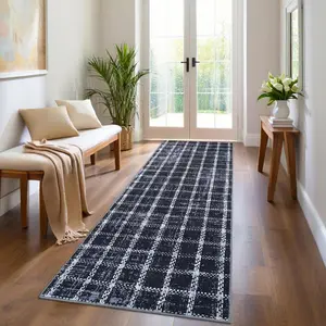 2x6 Washable Non-Slip Geometric Checkered Runner Rug, Modern Blue Throw Carpet for Home, Office Kitchen Furniture