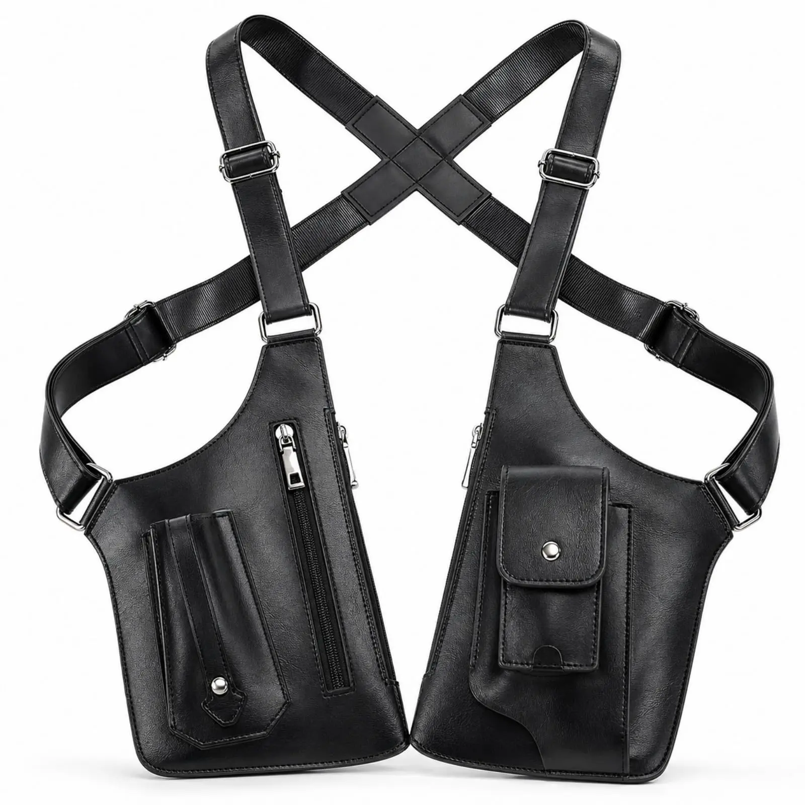 Unisex PU Leather Shoulder Holster Bag, Adjustable Double Shoulder Anti-Theft Multi-Pocket Pack for Outdoor Hiking, All Seasons, Magnetic Closure, Underarm Shoulder Holster