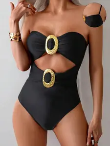 Cutout Sweetheart One-Piece Swimwear with Gold Buckle, Removable Padding, Moderate Stretch, 82% Polyester 18% Elastane, Machine Wash Cold