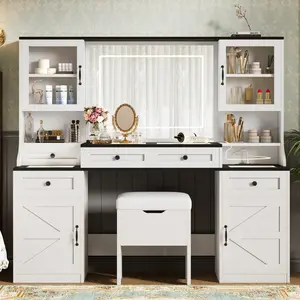 61.5"  Large Size Vanity Desk with Mirror and LED Lights, Dressing Table with 5 Drawers and 4 Cabinets, Makeup Vanity Table Set with Glass Visual Desktop and Cushion Stool, Farmhouse Style, for Bedroom