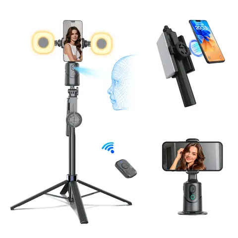 360° Auto Tracking Detachable Smartphone Tripod with Gimbal, Lights & 1200mAh - Magnetic Mount, Selfie Stick Stand, Desktop Holder, Wireless Remote, Bluetooth Connection, 3 Color Modes, Ok/Palm/V Gesture, Mobile Accessories for Mag. Phones