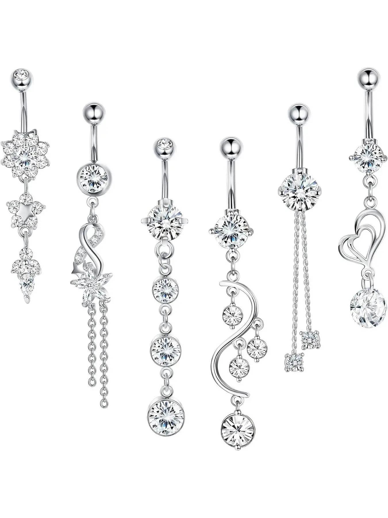 6pcs Belly Button Bar for Women, 14g Dangle Belly Bar, 316L Surgical Steel Cz Navel Barbell, Body Piercing Jewelry, Fashion Body Jewelry, Belly Button Rings, 10mm