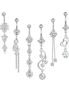 6pcs Belly Button Bar for Women, 14g Dangle Belly Bar, 316L Surgical Steel Cz Navel Barbell, Body Piercing Jewelry, Fashion Body Jewelry, Belly Button Rings, 10mm