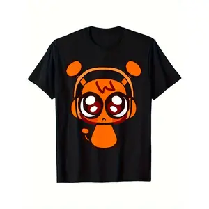 Sprunki Oren Orange Cartoon Character T-Shirt for Kids - 100% Cotton, Short Sleeve, Crew Neck, All-Season Comfort - Perfect Birthday Gift for Boys with Headphone Design