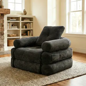 1-Person Corduroy Reclining Sofa Bed - Foldable Bed, Convertible Sleeper Chair with Pillow, Back Support, Upholstered Padded Seat for Comfy Indoor Lounge Use, One-Person