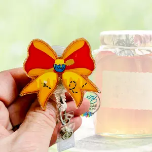 Honey Bear Bow Badge Reel & Charm - Retractable ID Holder for Nurses & Teachers - Handmade Fun Scrubs Accessory - Teacher Lanyard - Badge Holder