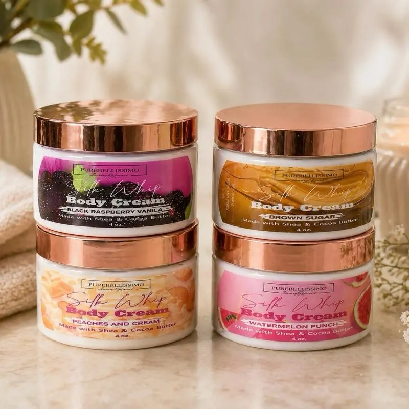 Silk Whip Gourmand Body Cream Set, 4-Pack Hydrating Body Care Cosmetic with Shea Butter, Cocoa, Lightweight Moisturizer & Scent Options: Blackberry Vanilla, Brown Sugar Peaches, Watermelon Punch