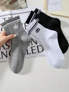 Women's Socks Set, Pure Color Solid Sports Striped Letter Mid-Calf Socks, Casual Simple Everyday Style, Comfortable Soft, Unisex Couple Socks, All Seasons