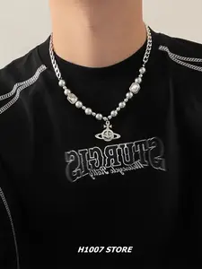 Fashionable Saturn Gray Pearl Pendant Necklace Unisex Hip-Hop Style & Sweater Chain Accessory Charm Necklaces Elevate Everyday Outfits with This Delicate, Trendy Jewelry Gift