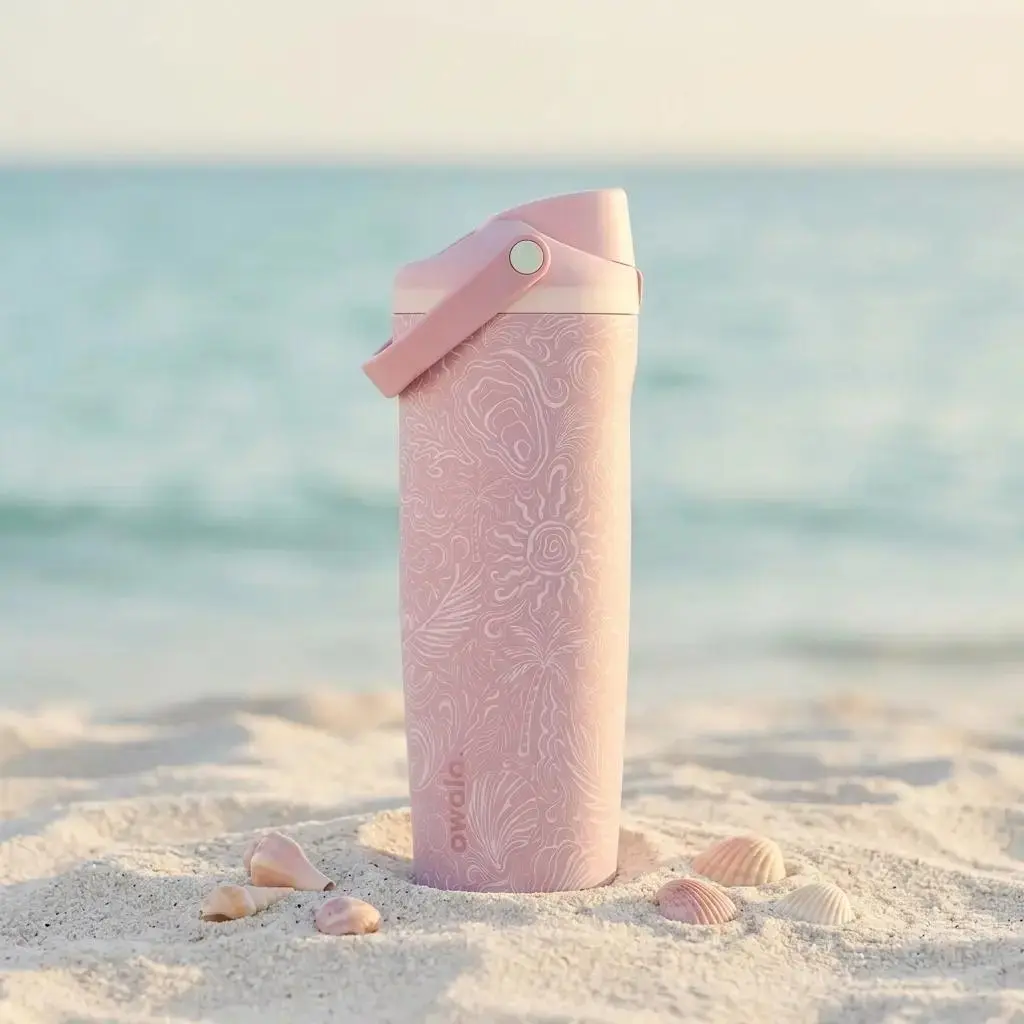 Owala FreeSip Sway 30 oz Pink Water Bottle with Beach Design