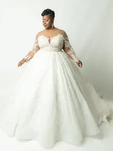 Custom Plus Size Ball Gown Wedding Dress Long Sleeve Illusion Lace Bridal Gown Hand Beaded Luxury Bridal Dress for Special Occasions