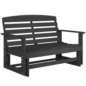 2-Person HDPE Slatted Patio Glider Bench - Distressed Black All-Weather Heavy-Duty Outdoor Swing Loveseat, Smooth Gliding Double Rocking Chair for Porch, Garden, Poolside Relaxing & Reading